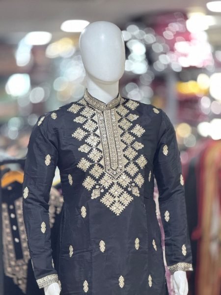 Exclusive Black Wedding Wear Kurta Pajama with Designer Embroidery and Matching Cap Mens Short Kurta