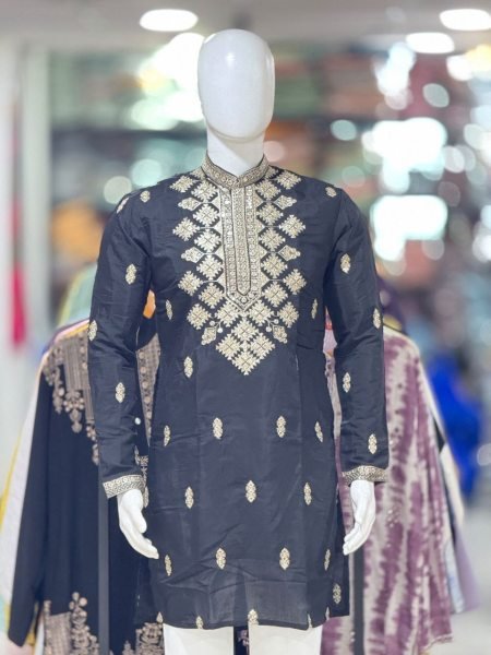 Exclusive Black Wedding Wear Kurta Pajama with Designer Embroidery and Matching Cap Mens Short Kurta