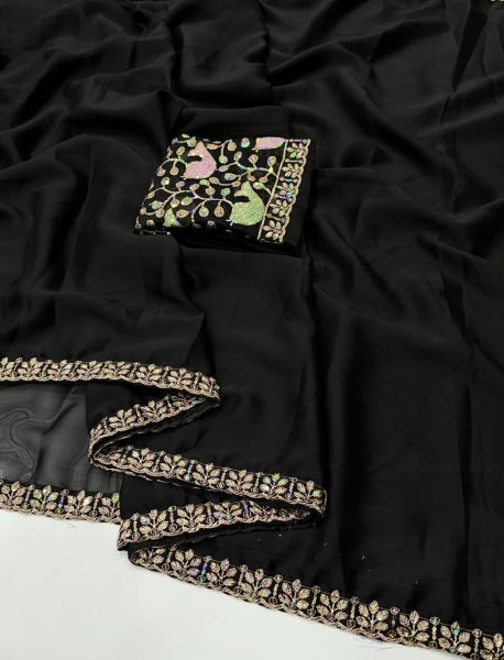 Exclusive Black Wedding Wear Rangoli Saree with Sequin Work Designer Blouse Embroidery Sarees Wholesale