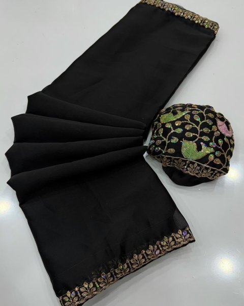 Exclusive Black Wedding Wear Rangoli Saree with Sequin Work Designer Blouse Embroidery Sarees Wholesale