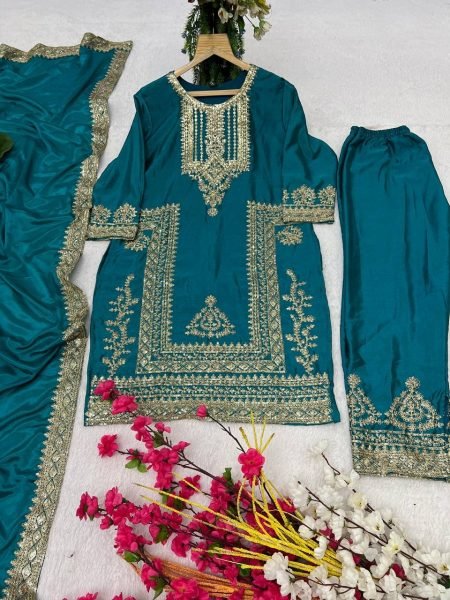 Exclusive blue Chinon Sequence Embroidered  Kurti Suit for Party Wear Ready To Wear Collection