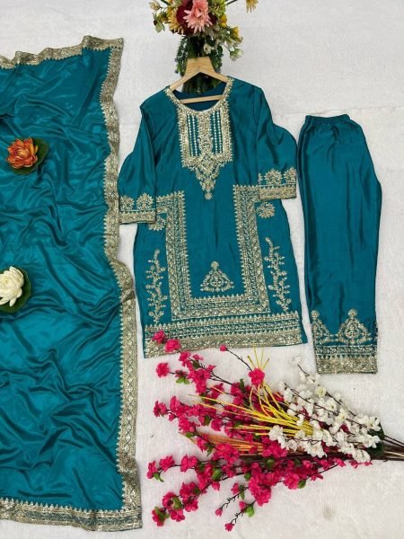 Exclusive blue Chinon Sequence Embroidered  Kurti Suit for Party Wear Ready To Wear Collection