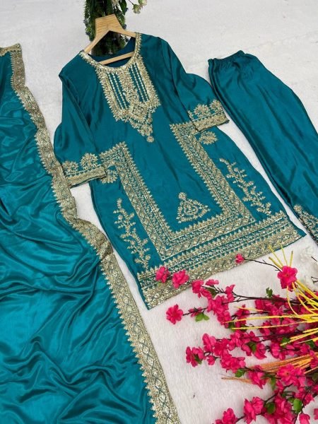 Exclusive blue Chinon Sequence Embroidered  Kurti Suit for Party Wear Ready To Wear Collection