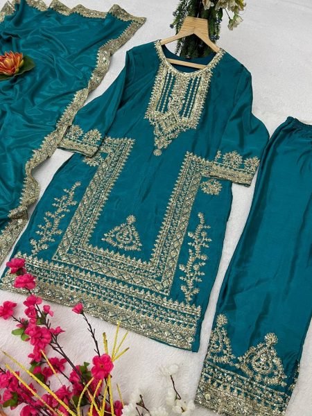 Exclusive blue Chinon Sequence Embroidered  Kurti Suit for Party Wear Ready To Wear Collection