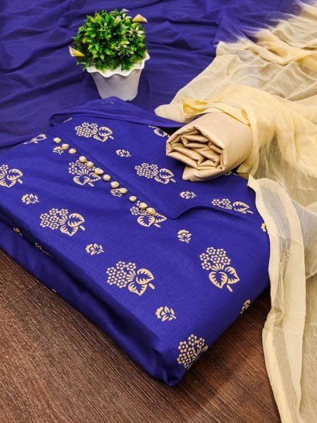 Exclusive Blue Color Cotton Slub Print Dress Material Collection 