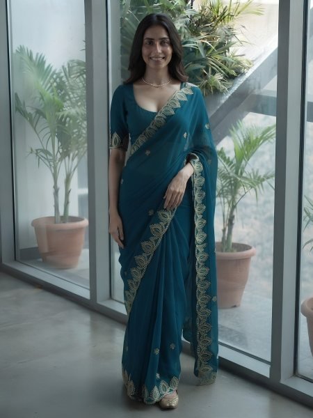 Exclusive Blue Women's Embroidered Satin Chiffon Saree Collection For Wedding Sarees 