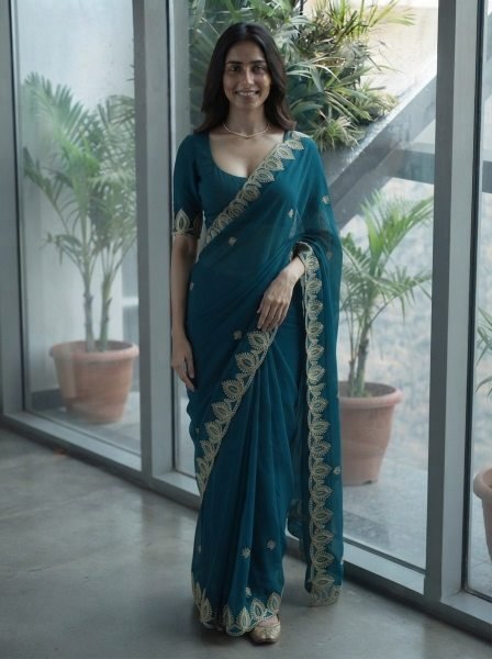 Exclusive Blue Women's Embroidered Satin Chiffon Saree Collection For Wedding Designer Wedding Sarees Wholesale