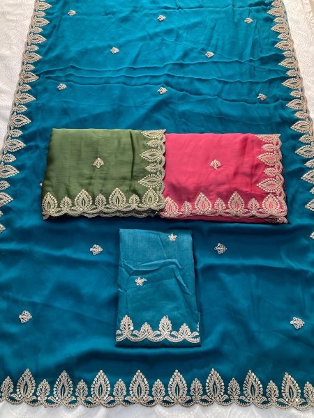 Exclusive Blue Women's Embroidered Satin Chiffon Saree Collection For Wedding Designer Wedding Sarees Wholesale