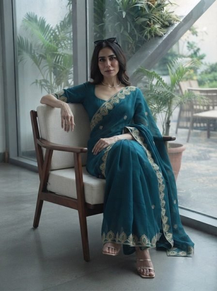 Exclusive Blue Women's Embroidered Satin Chiffon Saree Collection For Wedding Designer Wedding Sarees Wholesale
