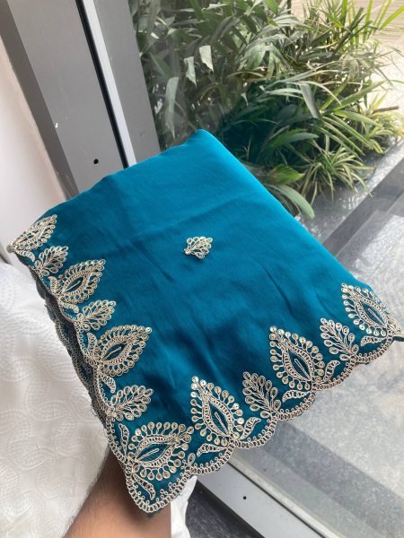 Exclusive Blue Women's Embroidered Satin Chiffon Saree Collection For Wedding Designer Wedding Sarees Wholesale