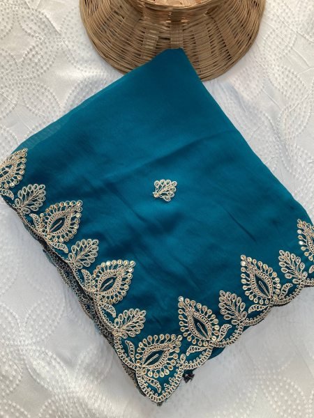 Exclusive Blue Women's Embroidered Satin Chiffon Saree Collection For Wedding Designer Wedding Sarees Wholesale