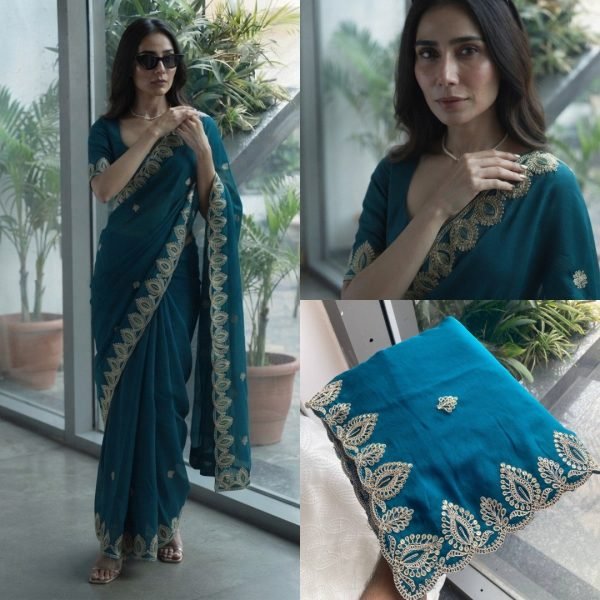 Exclusive Blue Women's Embroidered Satin Chiffon Saree Collection For Wedding Designer Wedding Sarees Wholesale
