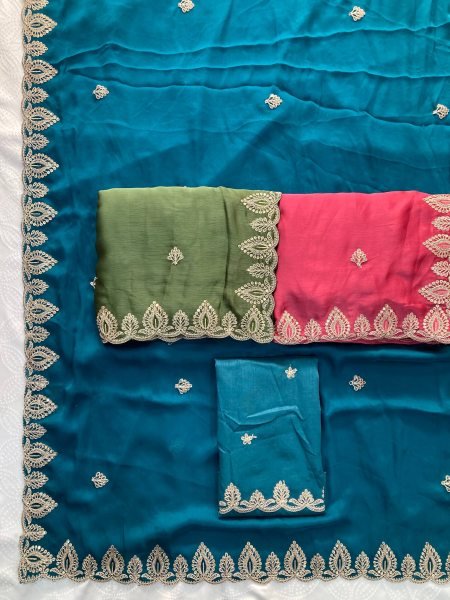 Exclusive Blue Women's Embroidered Satin Chiffon Saree Collection For Wedding Designer Wedding Sarees Wholesale