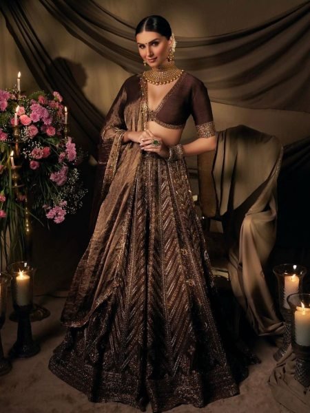 Exclusive Brown Thai Silk Bridal Lehenga with Heavy Embroidery and Glass Organza Dupatta 