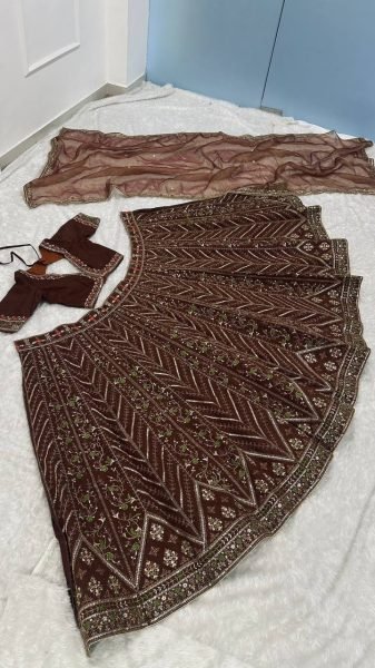 Exclusive Brown Thai Silk Bridal Lehenga with Heavy Embroidery and Glass Organza Dupatta Bollywood Lehenga Choli