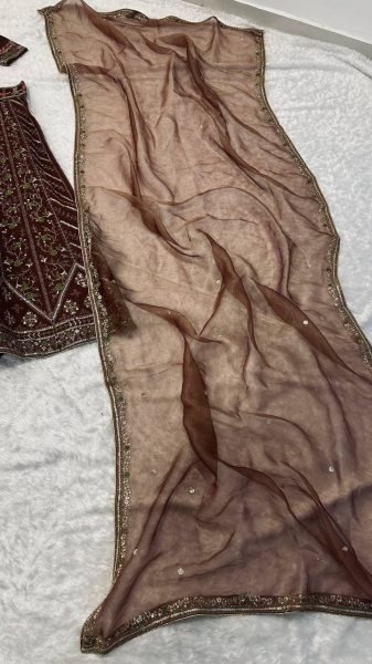 Exclusive Brown Thai Silk Bridal Lehenga with Heavy Embroidery and Glass Organza Dupatta Bollywood Lehenga Choli