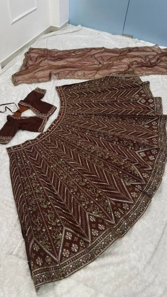 Exclusive Brown Thai Silk Bridal Lehenga with Heavy Embroidery and Glass Organza Dupatta Bollywood Lehenga Choli