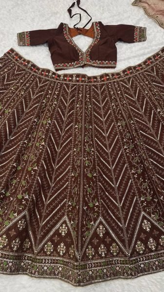 Exclusive Brown Thai Silk Bridal Lehenga with Heavy Embroidery and Glass Organza Dupatta Bollywood Lehenga Choli