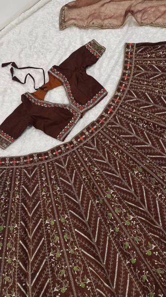 Exclusive Brown Thai Silk Bridal Lehenga with Heavy Embroidery and Glass Organza Dupatta Bollywood Lehenga Choli