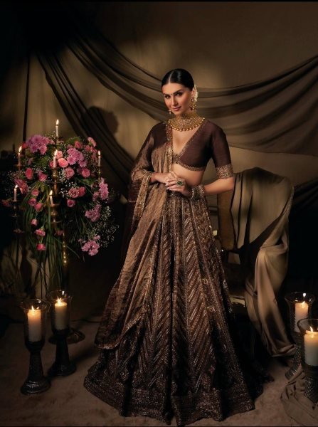 Exclusive Brown Thai Silk Bridal Lehenga with Heavy Embroidery and Glass Organza Dupatta Bollywood Lehenga Choli