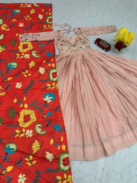 Exclusive Chinon Sequence Embroidery Work Gown Set with with 3 Meter Flair and Kalamkari Dupatta for Grand Occasions  Kurti With Dupatta Wholesale