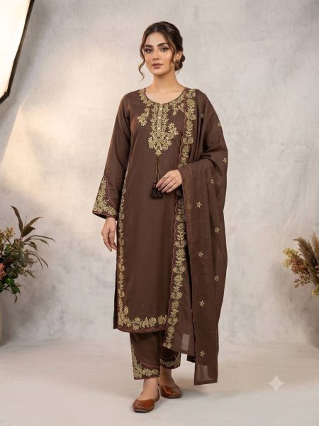 Exclusive Coffee Roman Fabric Embroidered Palazzo Suit with Dupatta for Festive Wear Ready To Wear Suit