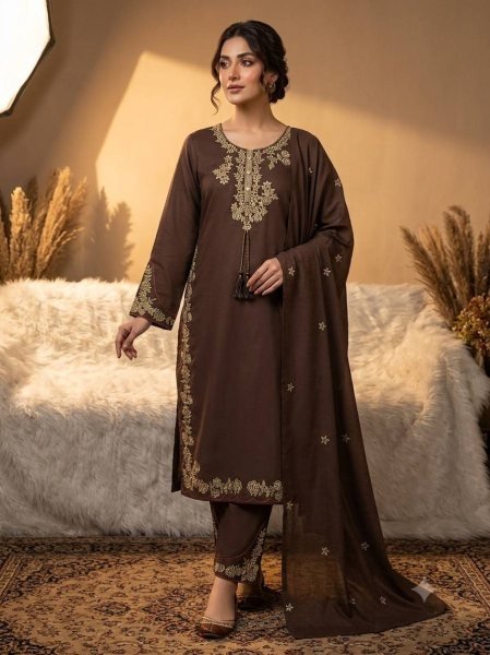 Exclusive Coffee Roman Fabric Embroidered Palazzo Suit with Dupatta for Festive Wear Ready To Wear Collection