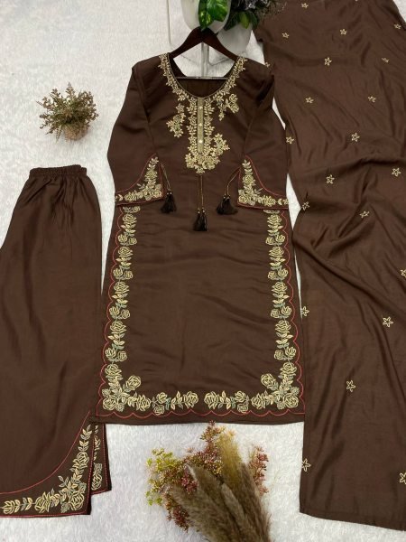 Exclusive Coffee Roman Fabric Embroidered Palazzo Suit with Dupatta for Festive Wear Ready To Wear Collection
