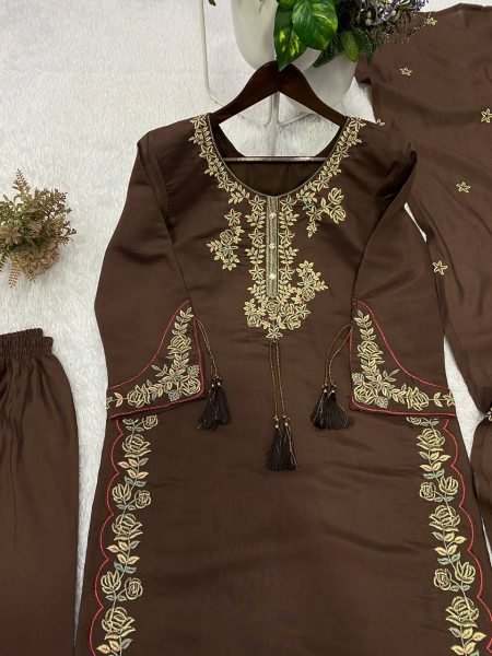 Exclusive Coffee Roman Fabric Embroidered Palazzo Suit with Dupatta for Festive Wear Ready To Wear Collection