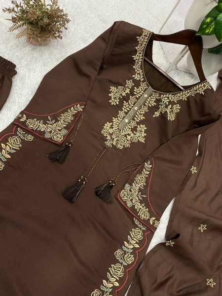 Exclusive Coffee Roman Fabric Embroidered Palazzo Suit with Dupatta for Festive Wear Ready To Wear Collection