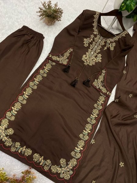 Exclusive Coffee Roman Fabric Embroidered Palazzo Suit with Dupatta for Festive Wear Ready To Wear Collection