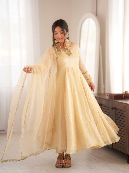 Exclusive Cream Doremon Crush Gown with Pant and Butterfly Net Dupatta 
