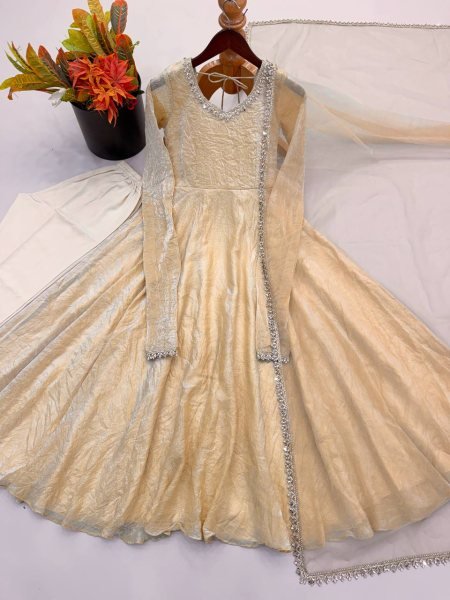 Exclusive Cream Doremon Crush Gown with Pant and Butterfly Net Dupatta Ready To Wear Collection