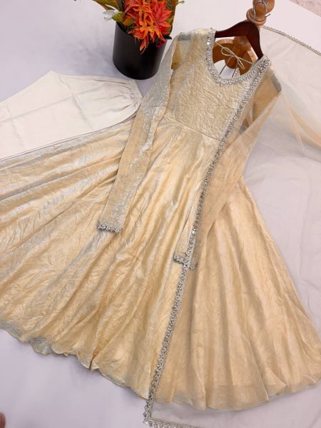 Exclusive Cream Doremon Crush Gown with Pant and Butterfly Net Dupatta Ready To Wear Collection