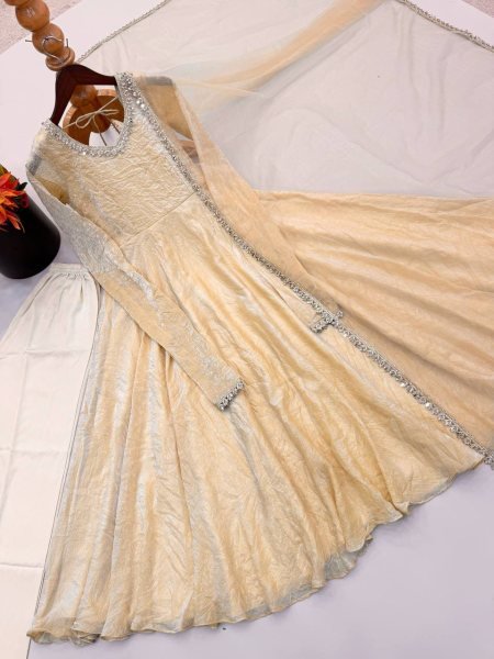 Exclusive Cream Doremon Crush Gown with Pant and Butterfly Net Dupatta Ready To Wear Collection