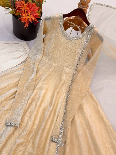 Exclusive Cream Doremon Crush Gown with Pant and Butterfly Net Dupatta Ready To Wear Collection