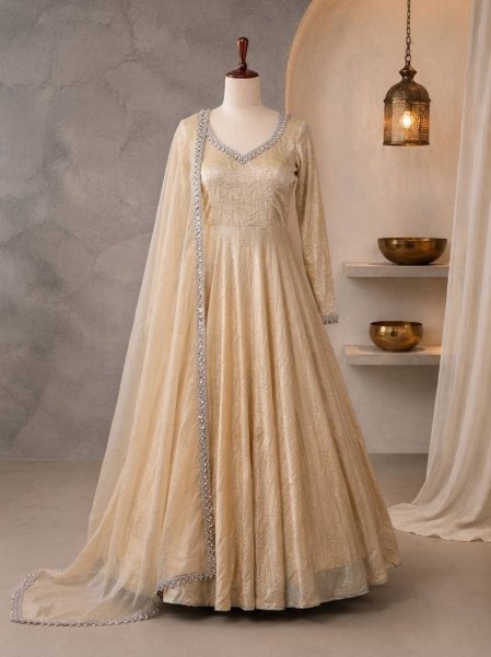 Exclusive Cream Doremon Crush Gown with Pant and Butterfly Net Dupatta Ready To Wear Collection