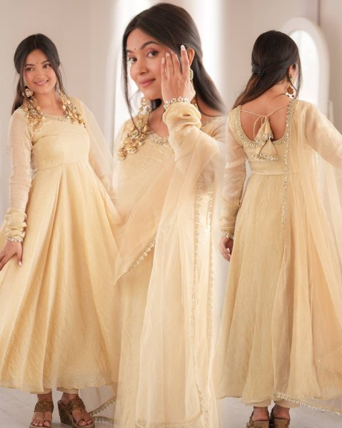 Exclusive Cream Doremon Crush Gown with Pant and Butterfly Net Dupatta Ready To Wear Collection