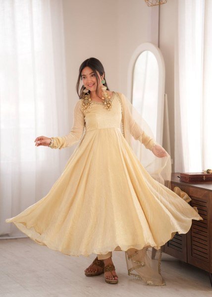 Exclusive Cream Doremon Crush Gown with Pant and Butterfly Net Dupatta Ready To Wear Collection
