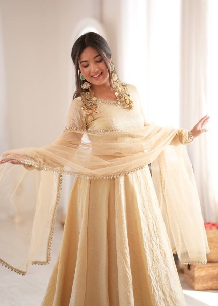 Exclusive Cream Doremon Crush Gown with Pant and Butterfly Net Dupatta Ready To Wear Collection