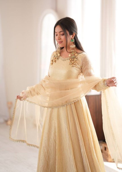 Exclusive Cream Doremon Crush Gown with Pant and Butterfly Net Dupatta Ready To Wear Collection