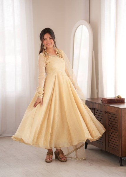 Exclusive Cream Doremon Crush Gown with Pant and Butterfly Net Dupatta Ready To Wear Collection