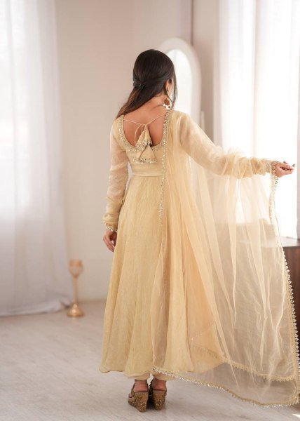 Exclusive Cream Doremon Crush Gown with Pant and Butterfly Net Dupatta Ready To Wear Collection