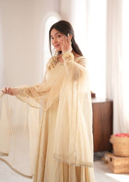 Exclusive Cream Doremon Crush Gown with Pant and Butterfly Net Dupatta Ready To Wear Collection