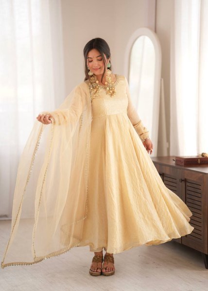 Exclusive Cream Doremon Crush Gown with Pant and Butterfly Net Dupatta Ready To Wear Collection