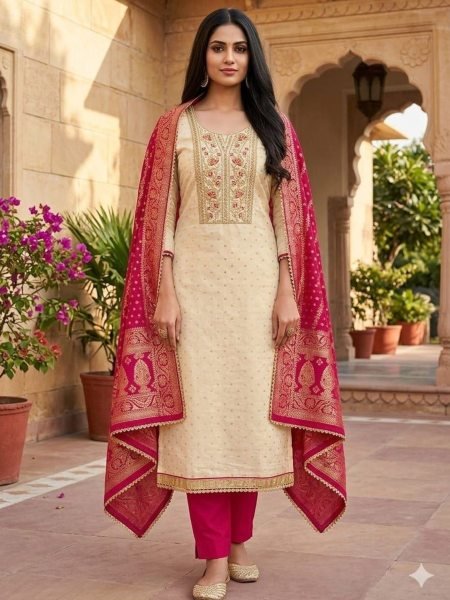 Exclusive Cream Modal Booti Suit Set with Coding Sequence Work and Jacquard Dupatta 