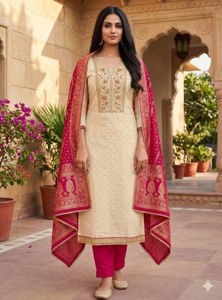 Exclusive Cream Modal Booti Suit Set with Coding Sequence Work and Jacquard Dupatta Punjabi Dress Materials Wholesale