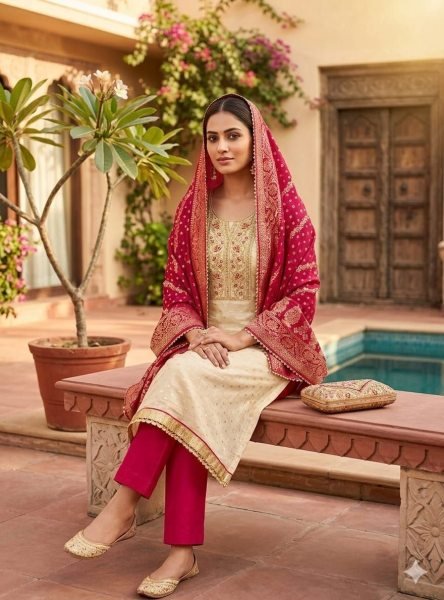 Exclusive Cream Modal Booti Suit Set with Coding Sequence Work and Jacquard Dupatta Punjabi Dress Materials Wholesale