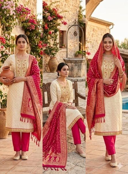 Exclusive Cream Modal Booti Suit Set with Coding Sequence Work and Jacquard Dupatta Punjabi Dress Materials Wholesale