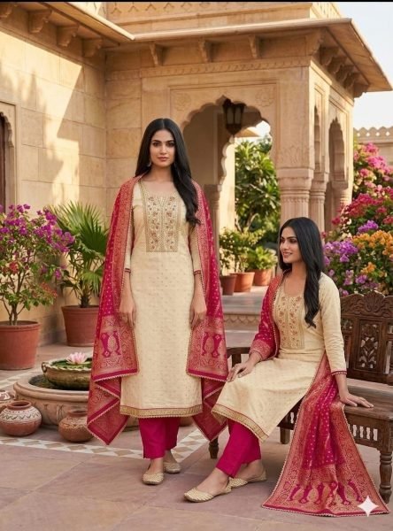 Exclusive Cream Modal Booti Suit Set with Coding Sequence Work and Jacquard Dupatta Punjabi Dress Materials Wholesale